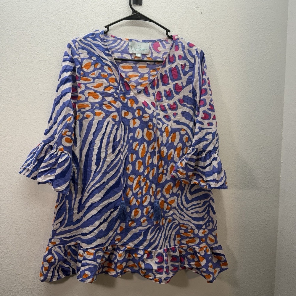 One Summer Tropical Tunic Dress Artsy Vacation Floral Resort Wear Cover Up SZ S